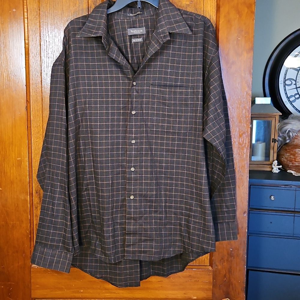 Van‎ Heusen Dress Shirt Mens 17.5 34/35 XL NWOT Red Black Plaid WrinkleResist
